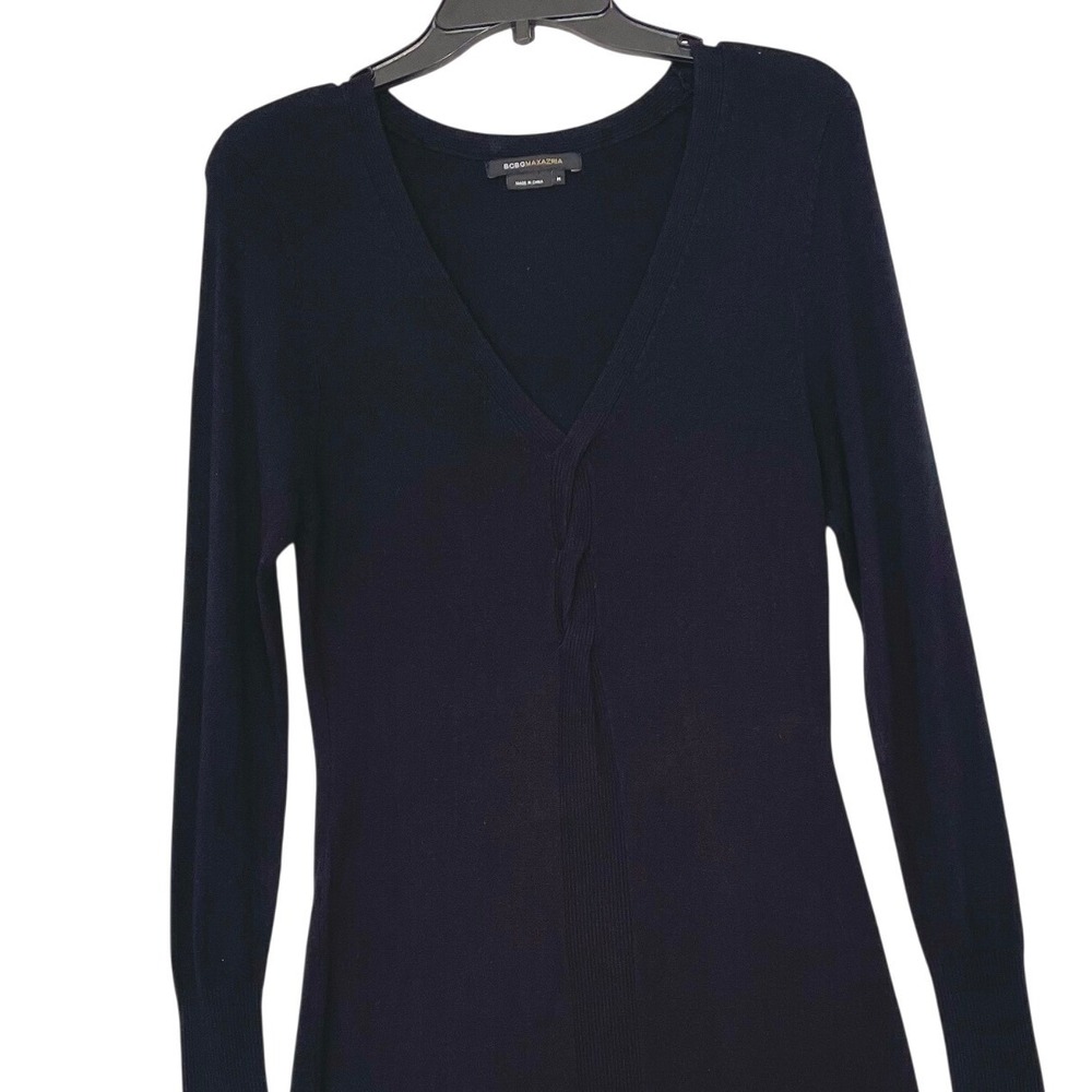 BCBGMAXAZRIA Sweater Dress Womens‎ M Black V-Neck Long Sleeve Twist Front Ribbed